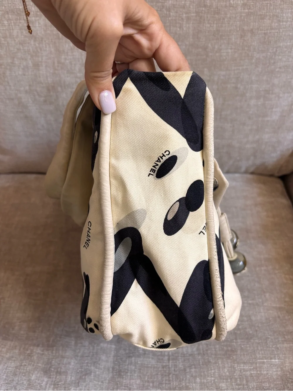Authentic CHANEL vintage mini beige black Surfline canvas tote